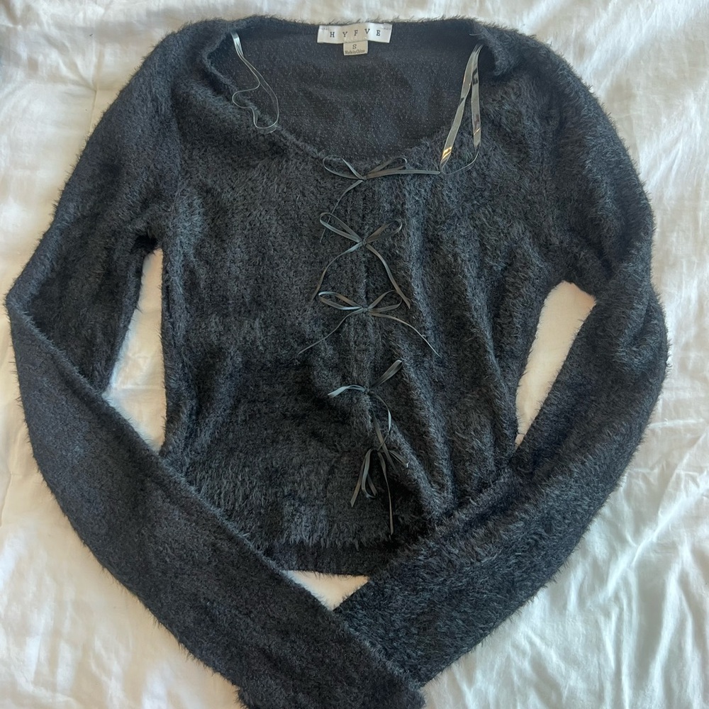 Black bow Lace-Up Long Sleeve Sweater